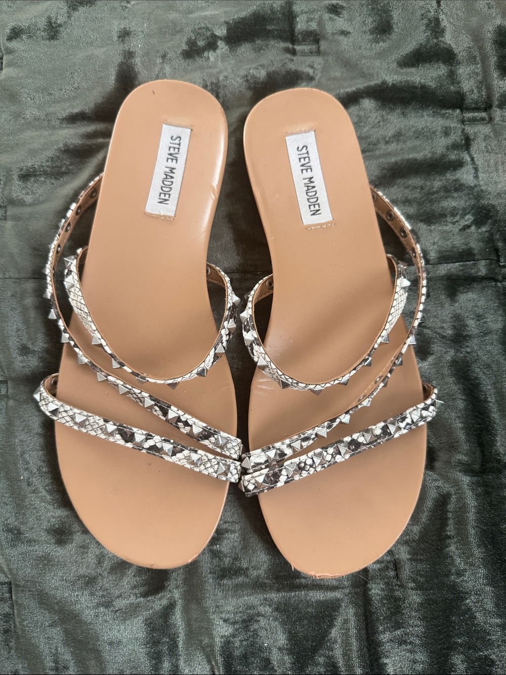 Steve Madden Tan Footbed Sandals with Silver Snake-Print Straps
